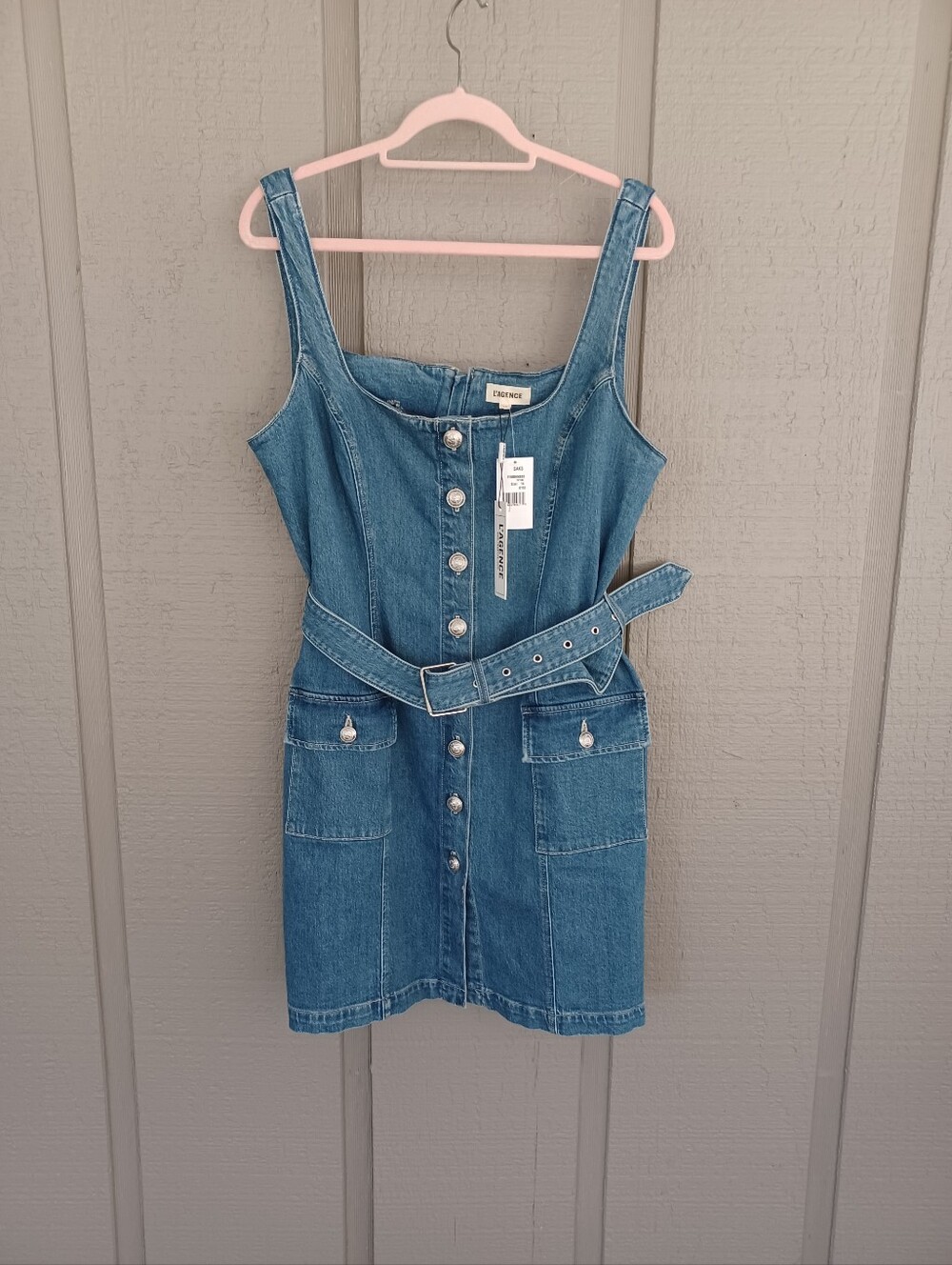 L'agence Midy Button Front Tank Dress Size 14 Denim Cotton Blend Belted Pockets